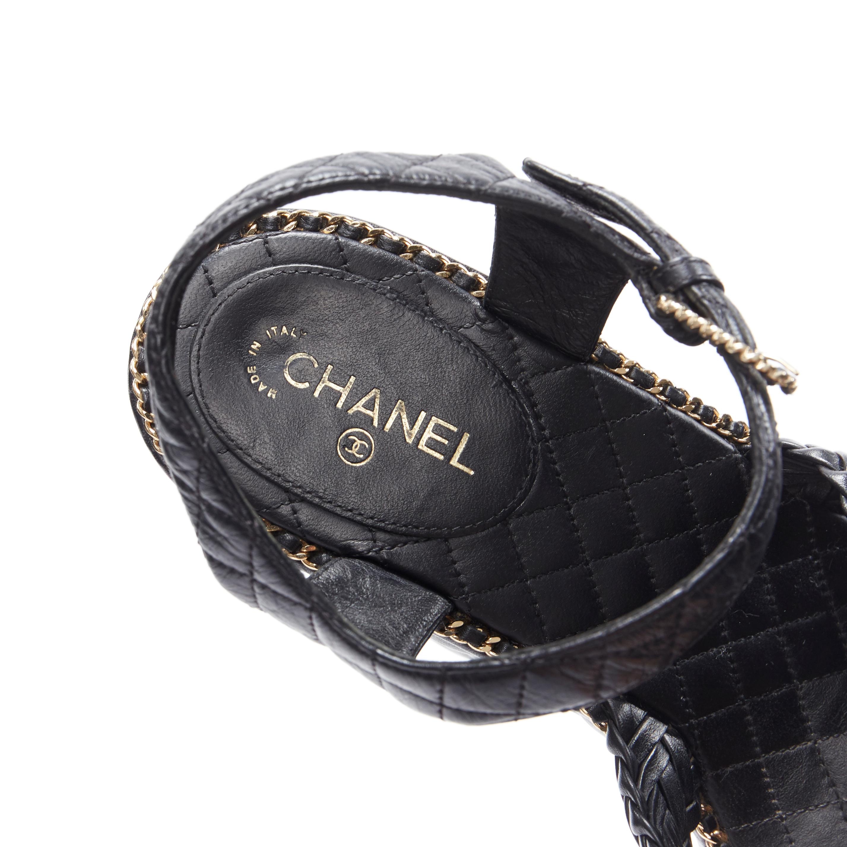 CHANEL SS15 black braided leather 2.55 chain diamond quilted wedge sandal EU39 3