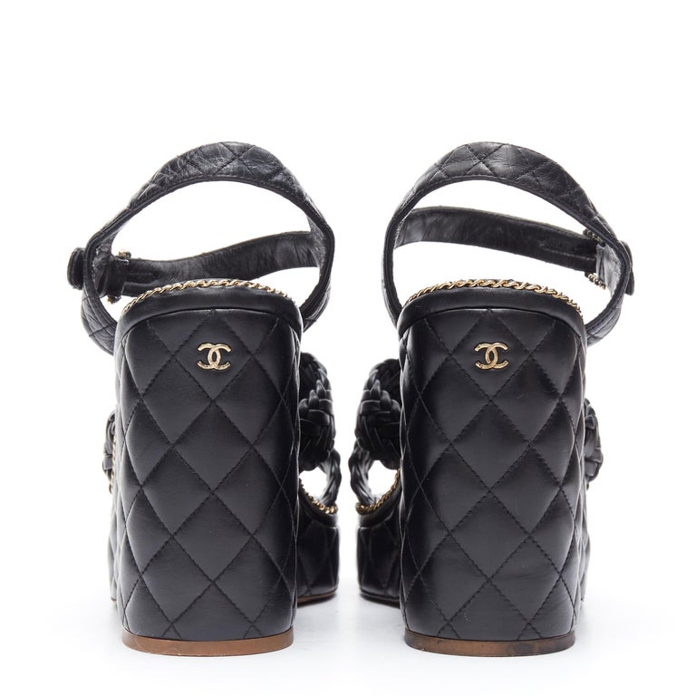 CHANEL SS15 black braided leather 2.55 chain diamond quilted wedge sandal  EU39 at 1stDibs