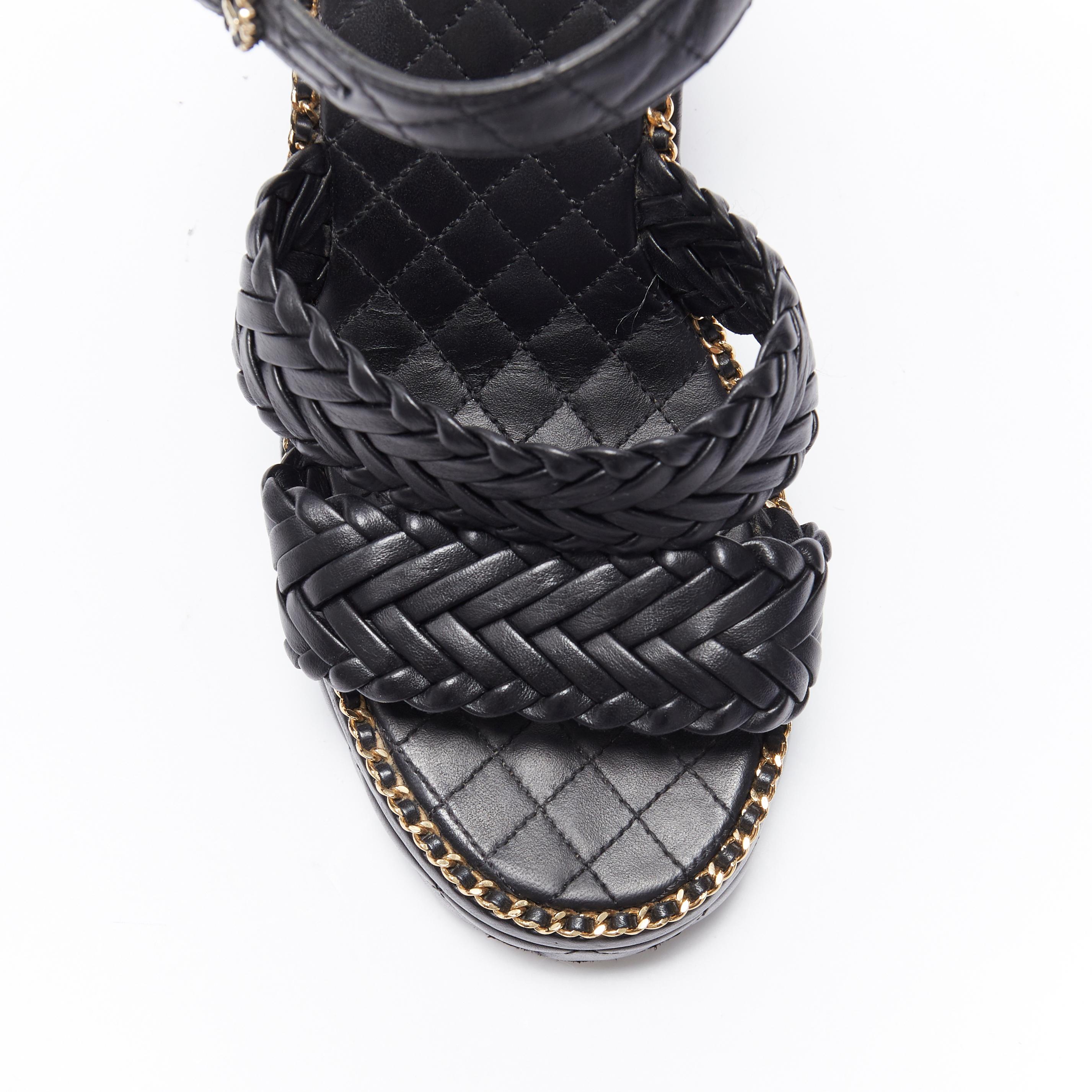 CHANEL SS15 black braided leather 2.55 chain diamond quilted wedge sandal EU39 In Good Condition In Hong Kong, NT