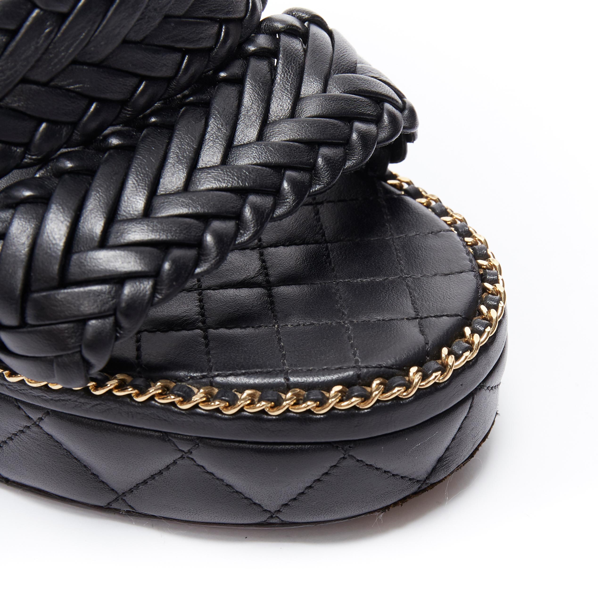 Women's CHANEL SS15 black braided leather 2.55 chain diamond quilted wedge sandal EU39