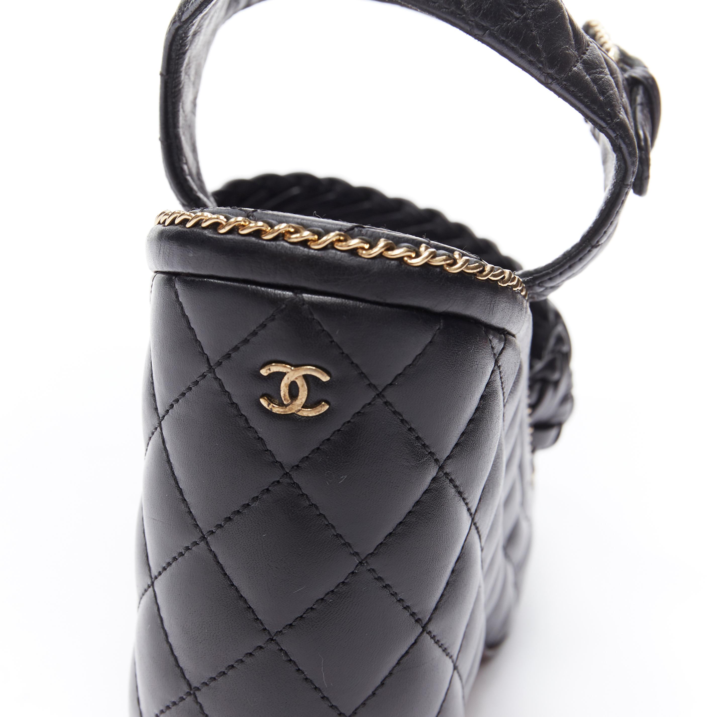 CHANEL SS15 black braided leather 2.55 chain diamond quilted wedge sandal EU39 1