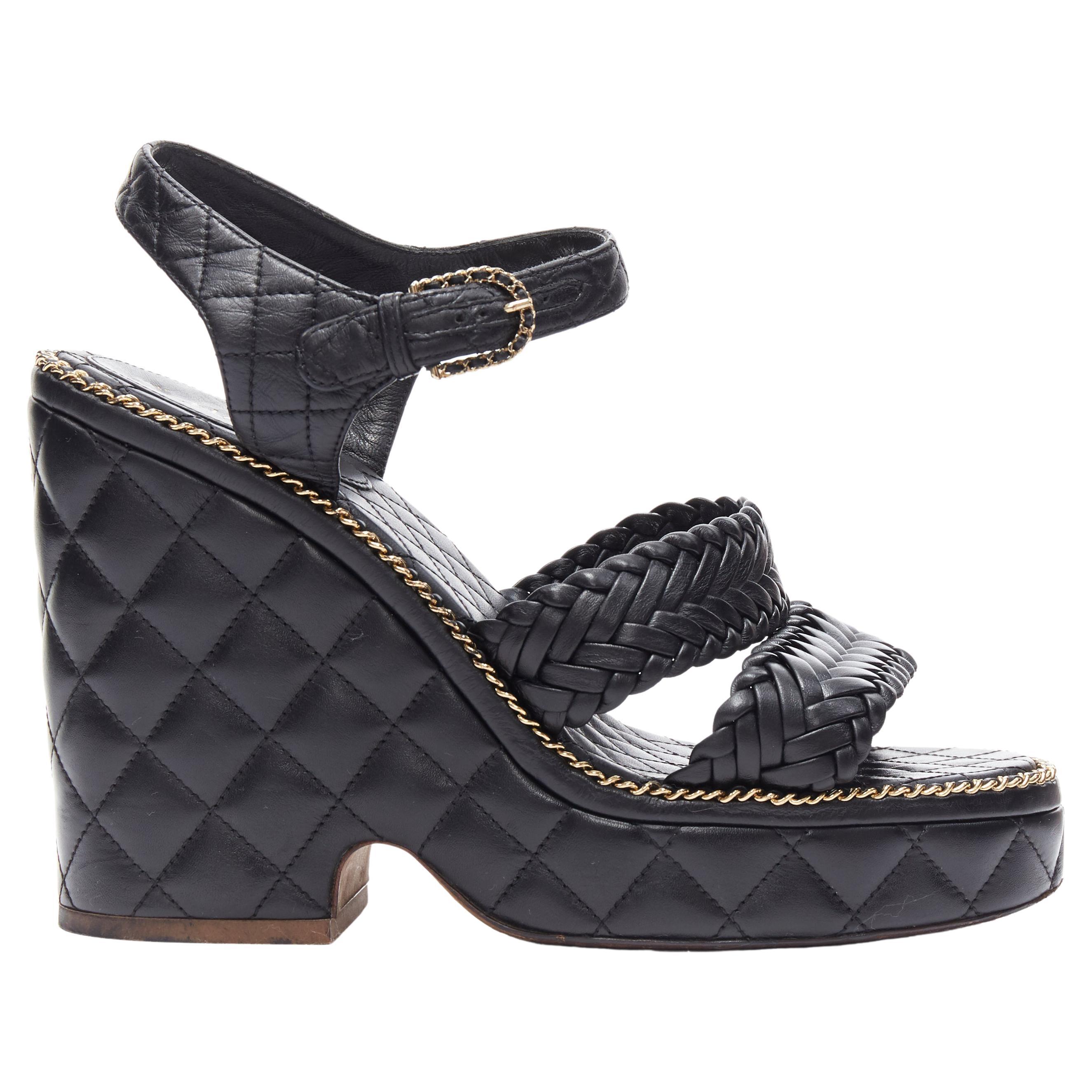 CHANEL SS15 black braided leather 2.55 chain diamond quilted wedge sandal EU39