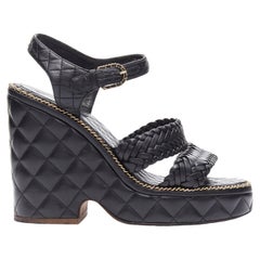 CHANEL SS15 black braided leather 2.55 chain diamond quilted wedge sandal EU39