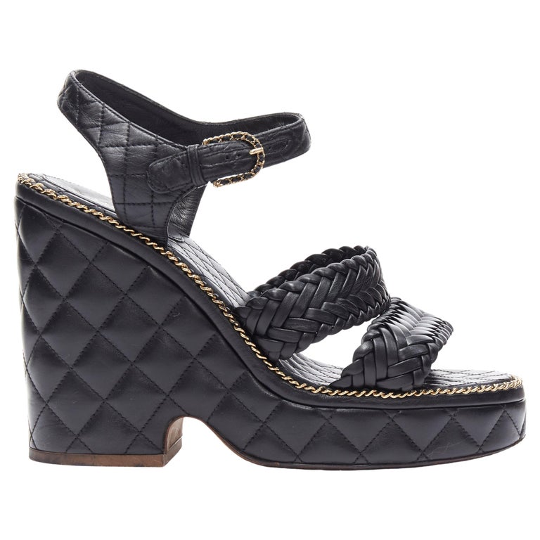 CHANEL SS15 black braided leather 2.55 chain diamond quilted wedge