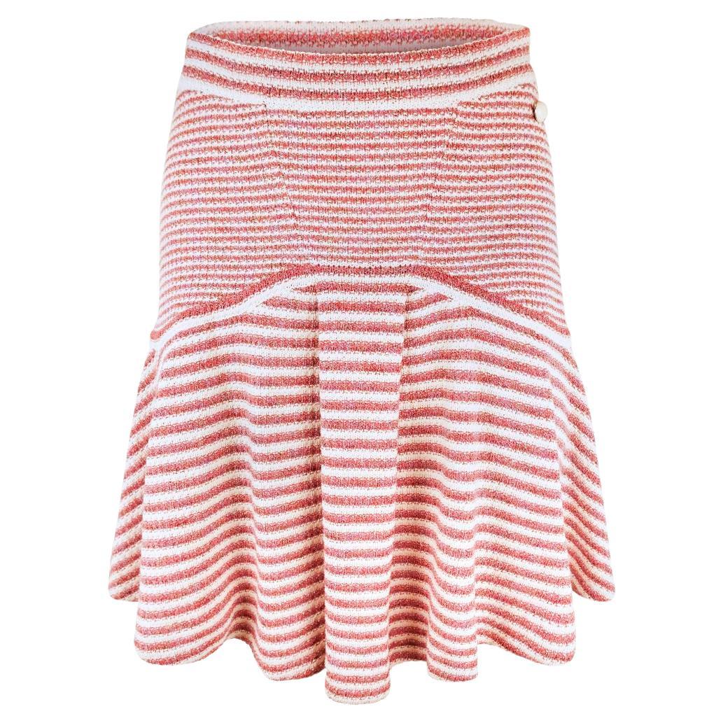 CHANEL SS15 CC Logo Pearl Button Red and Off White Striped Flare Knit Mini Skir