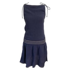 CHANEL SS15 Bleu marine Robe de yachting en maille FR 34 Cordon orné taille basse CC