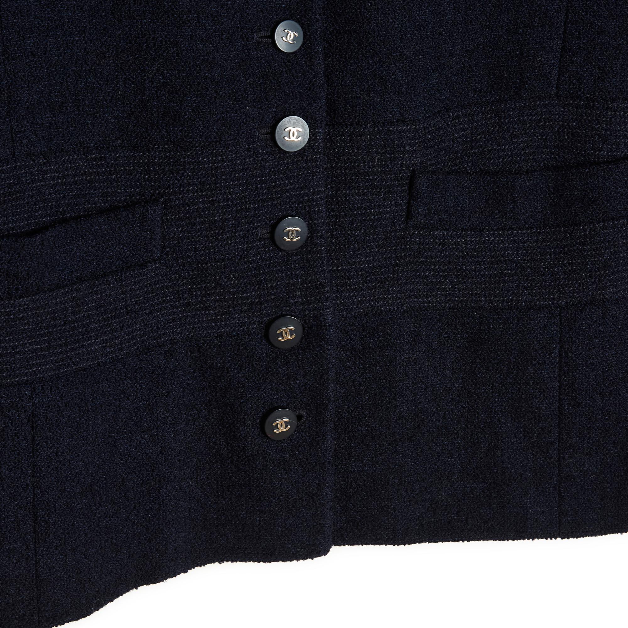 Black Chanel SS1996 Veste FR42 Navy Wool Bouclette CC Blazer UK 14 US12