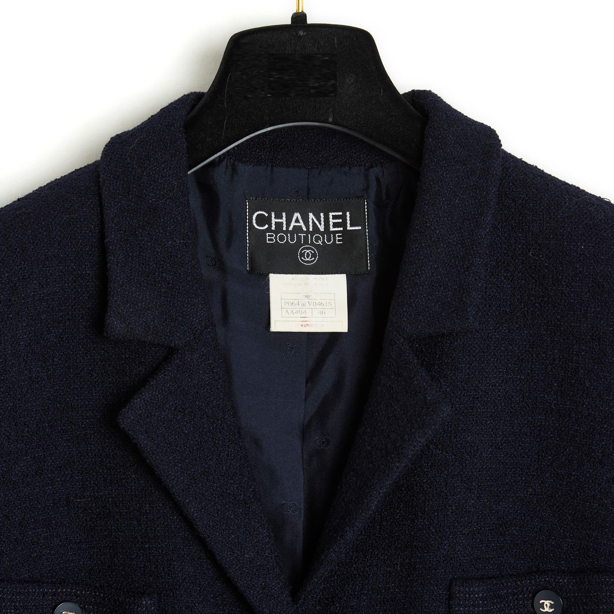 Women's or Men's Chanel SS1996 Veste FR42 Navy Wool Bouclette CC Blazer UK 14 US12