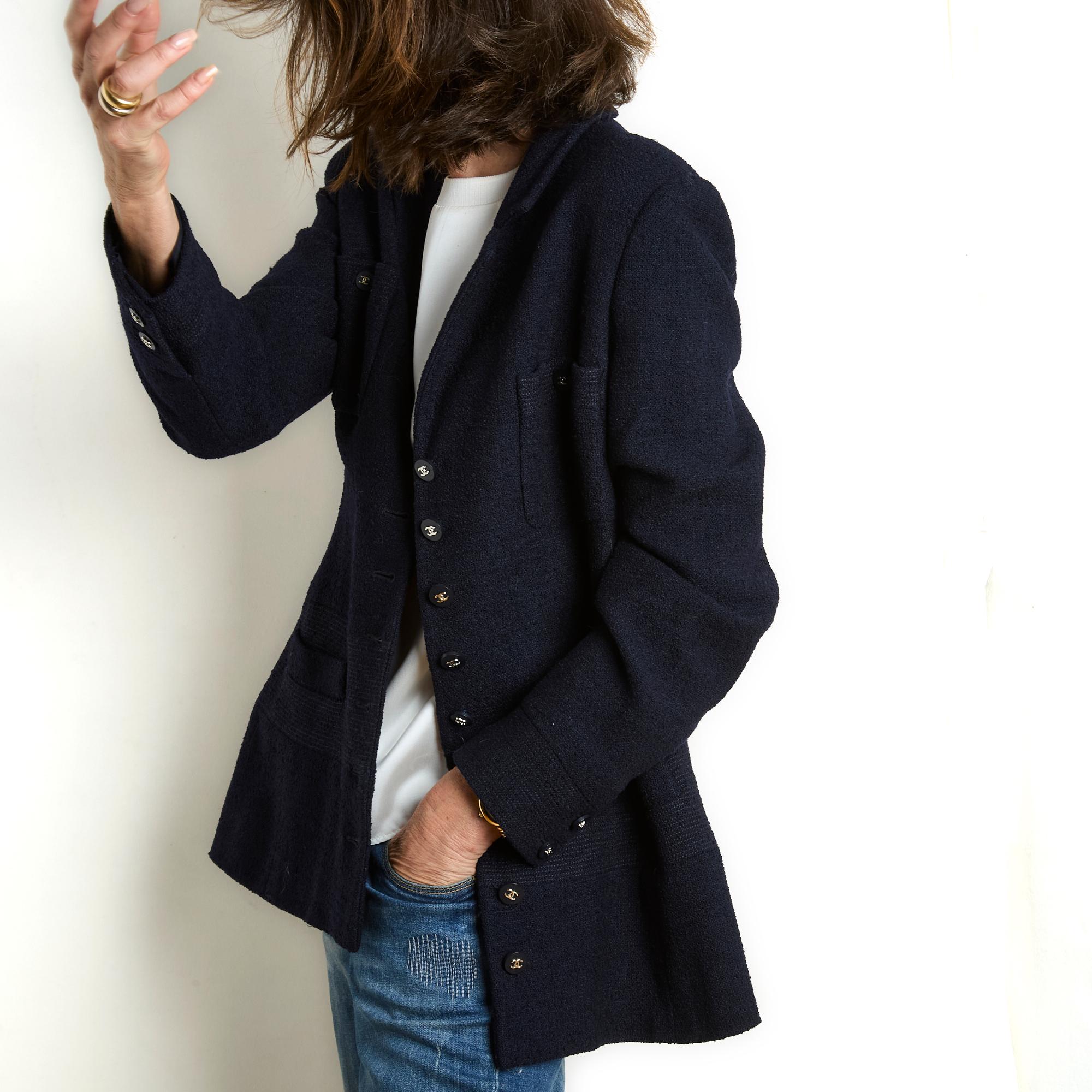 Chanel SS1996 Veste FR42 Navy Wool Bouclette CC Blazer UK 14 US12 2