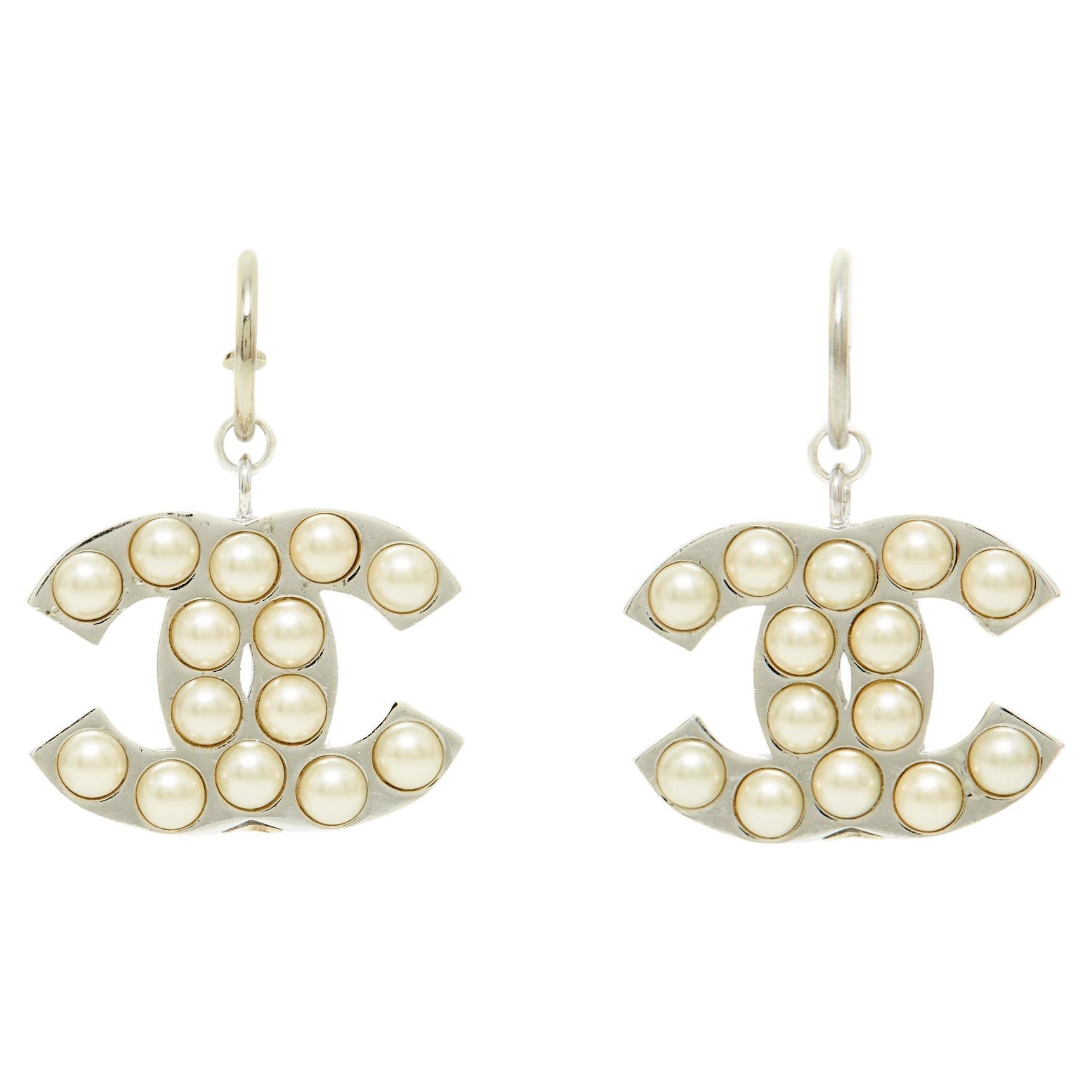 Chanel SS2004 Boucles Creoles CC Maxi Pearls CC on hoops Earrings