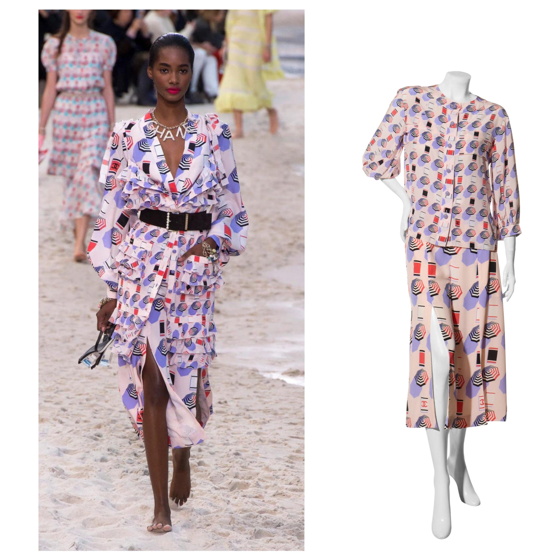 Chanel SS2019 Silk Lipstick Print Blouse & Pants Set FR 38 Collector’s Piece For Sale