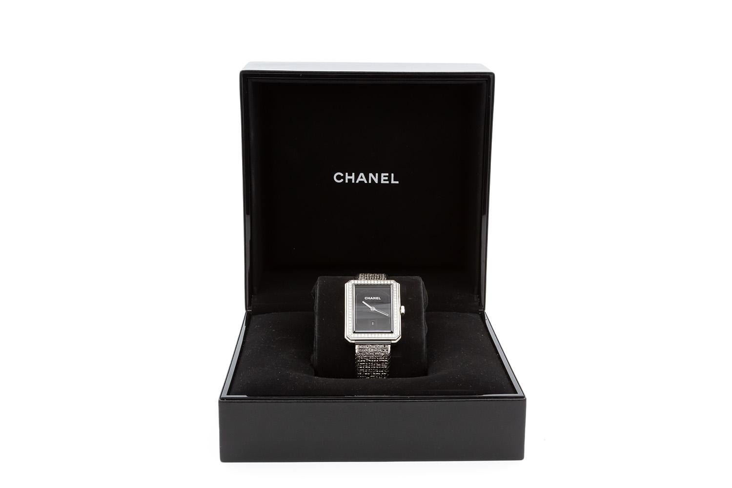 Chanel Stainless Steel Boyfriend Tweed Watch Medium with Diamonds H5318 In Excellent Condition In Tustin, CA