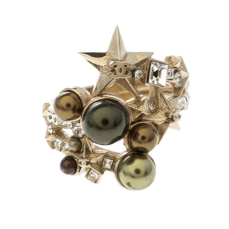 Chanel Star Comet Crystal Faux Pearl Gold Tone Ring Size 52.5 1