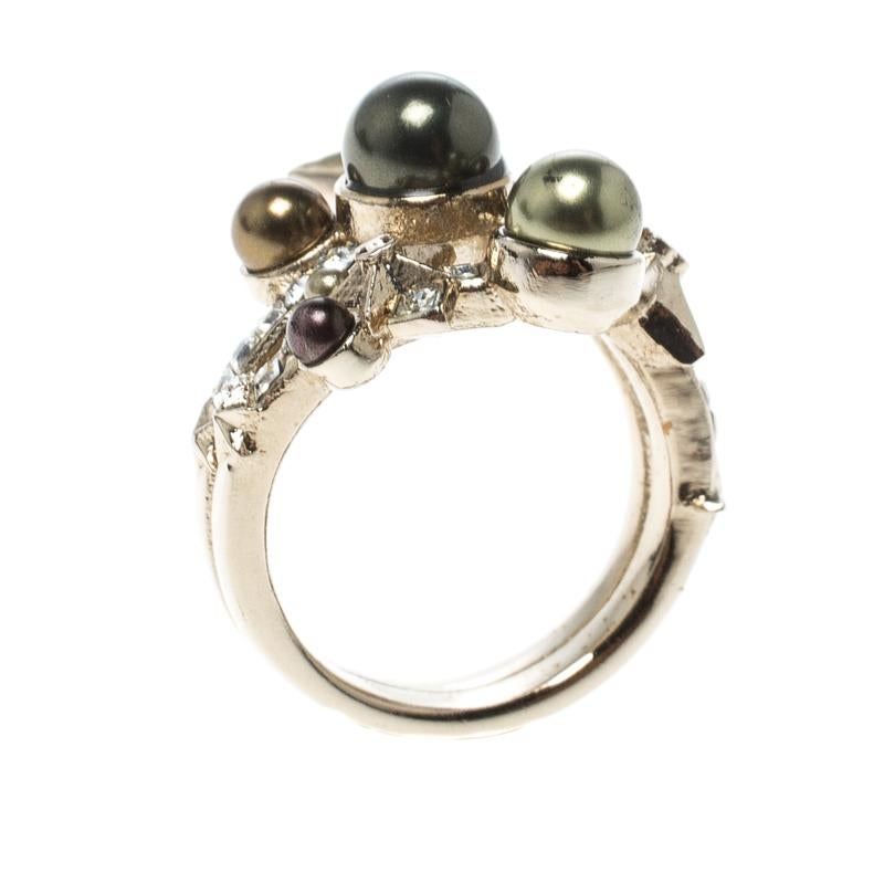 Chanel Star Comet Crystal Faux Pearl Gold Tone Ring Size 52.5