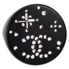 Chanel Star Crystal Ring c2008 Black Resin Round Cocktail Jewelry Sz 6.5 CC Logo
