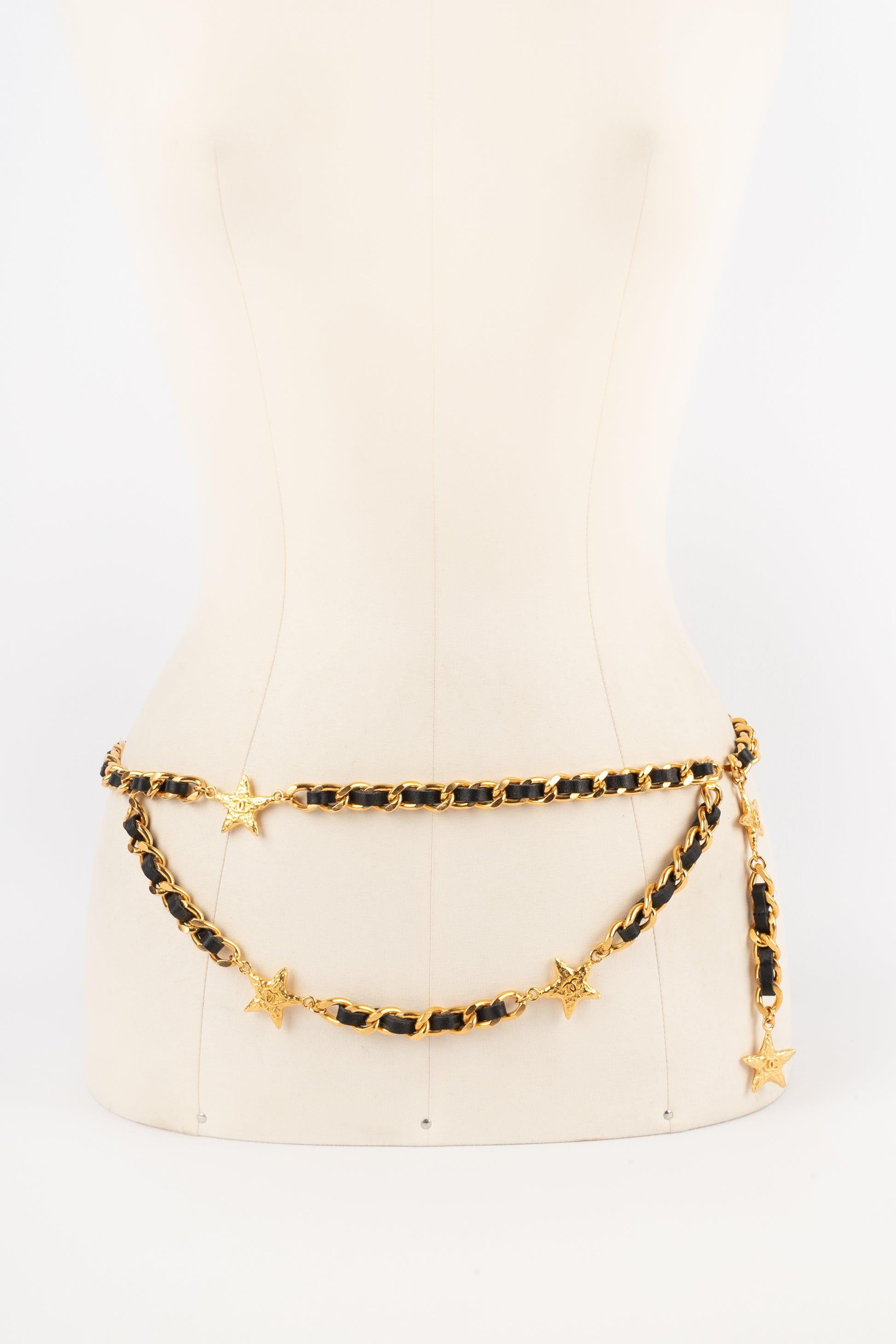 Beige Chanel Starry Golden Metal and Black Leather Belt, 1995