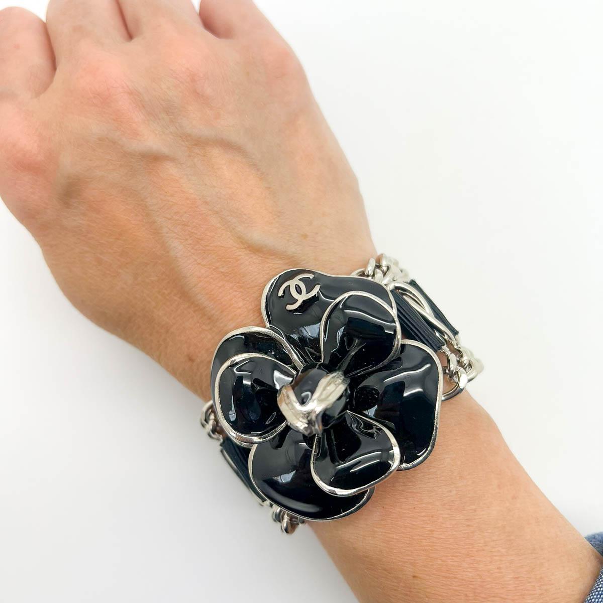 Chanel Statement Black Enamel Camellia Cuff 2006 In Good Condition In Wilmslow, GB