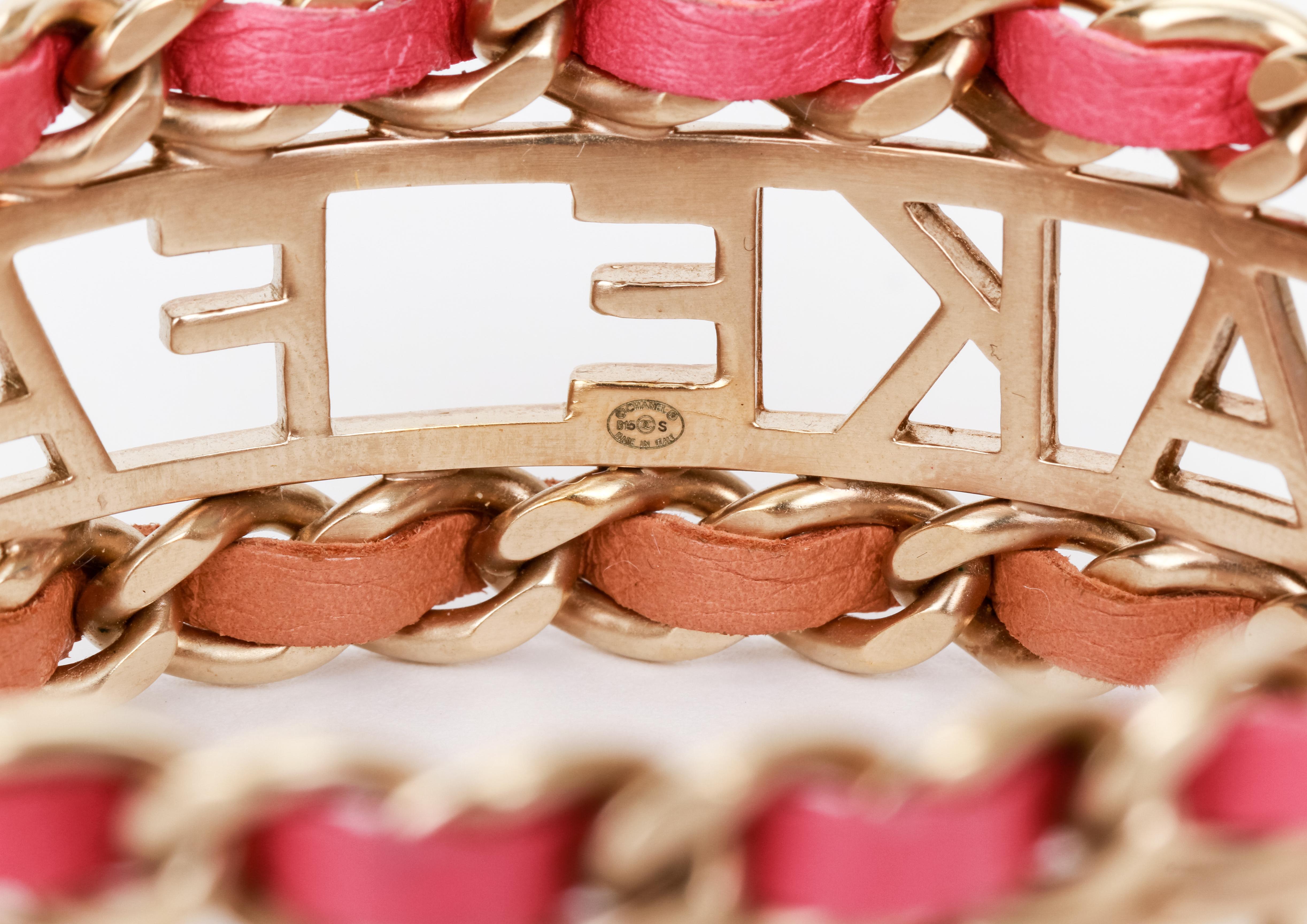 Women's Chanel Statement Gold Bangle Leather Logo Bracelet For Sale