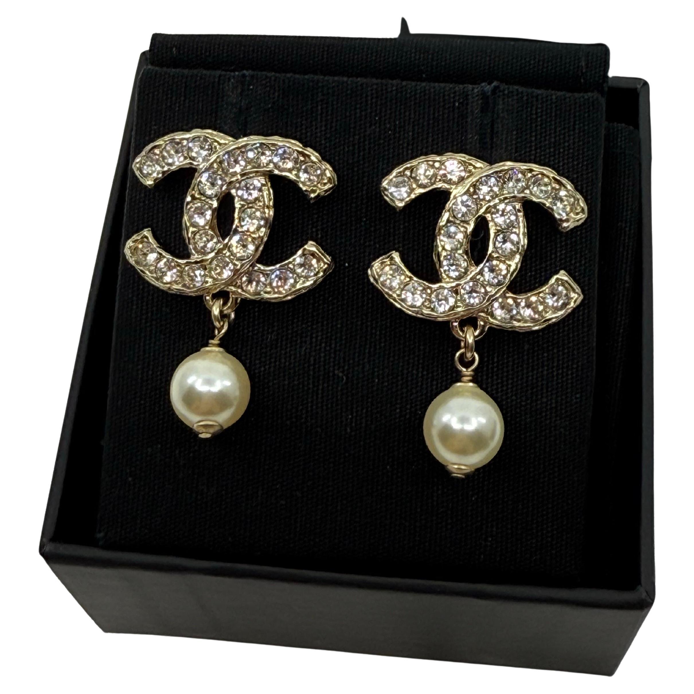 CHANEL Statement Gold Crystal CC and Pearl Dangle Earrings