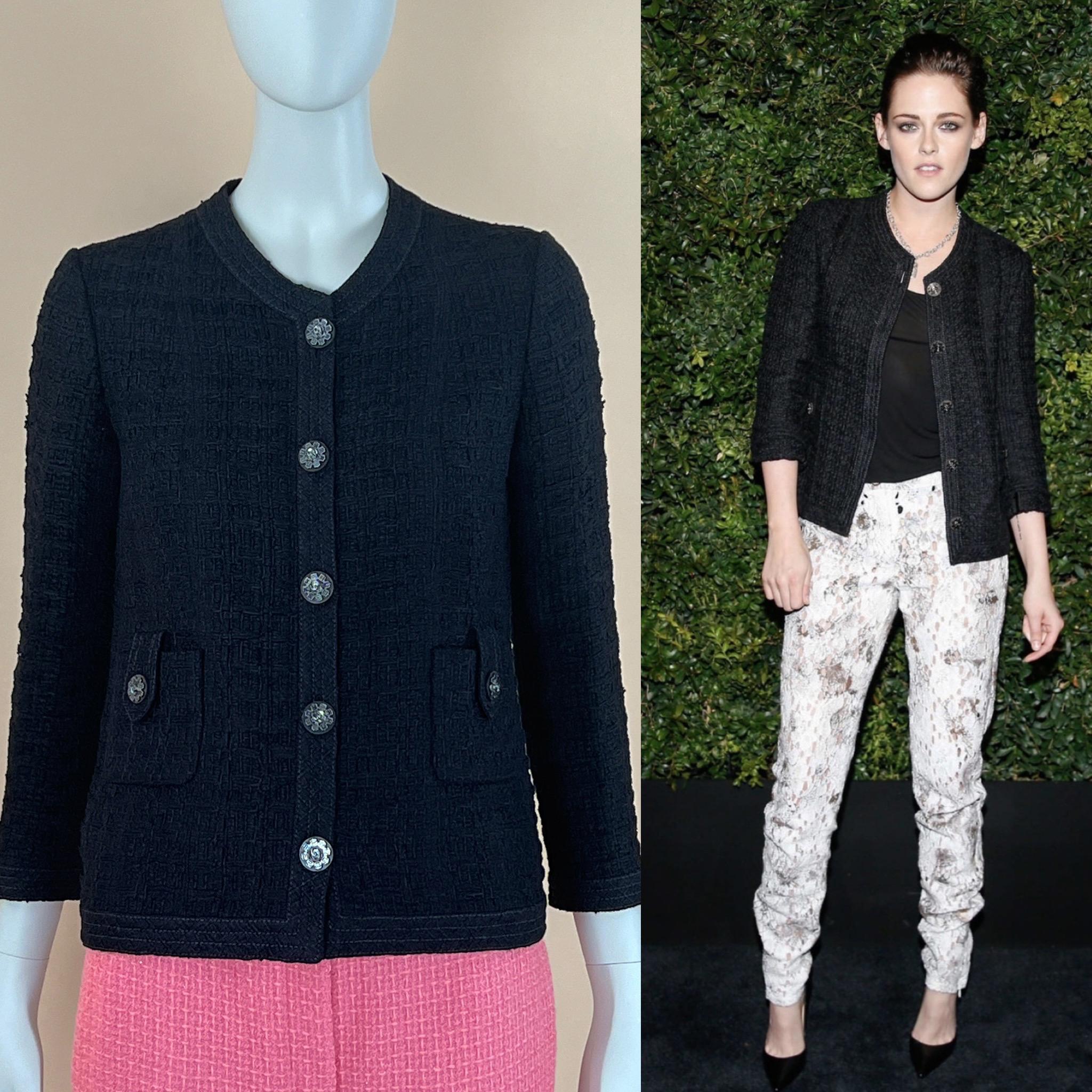 Iconic Chanel little black tweed jacket from Runway of Paris / Seoul 2015 Cruise Collection by Mr Karl Lagerfeld.
Absolutely fabulous! as seen in lots of magazines and on celebs, on Kristen Stewart. 
Rare and highly coveted piece.
Size mark 40 FR.