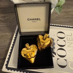CHANEL Statement Oversized Vintage Gold CC Heart Clip On Dangle Earrings