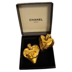 CHANEL Statement Oversized Vintage Gold CC Heart Clip On Dangle Earrings