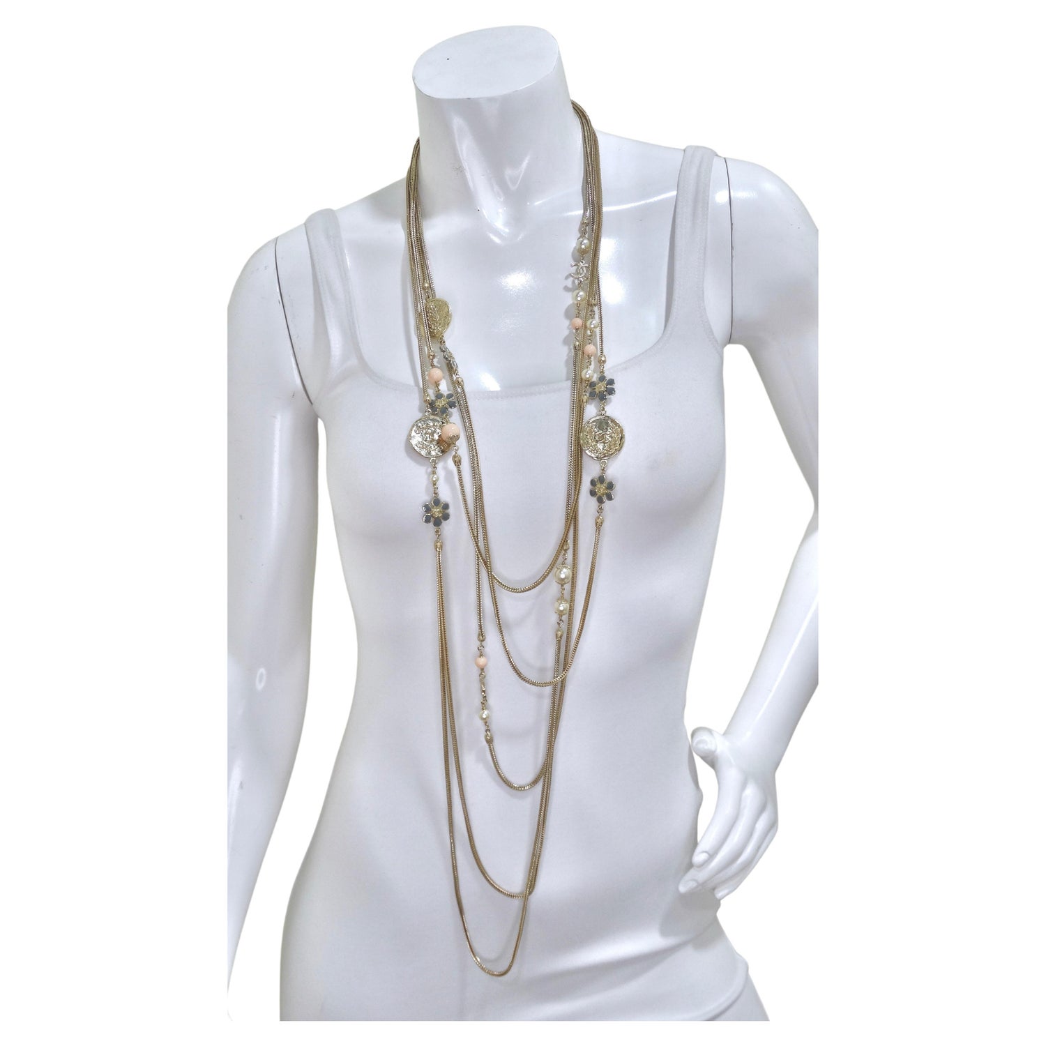 Chanel Multi-Strand Pearls and Crystal CC Logo Iconic Necklace at