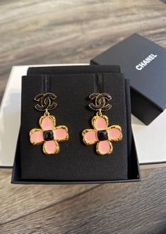 Chanel Statement Pink Floral CC Enamel Dangle Earrings