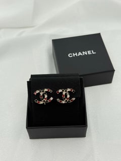 Chanel Statement Red, Black and Silver Crystal CC Clip On Earrings