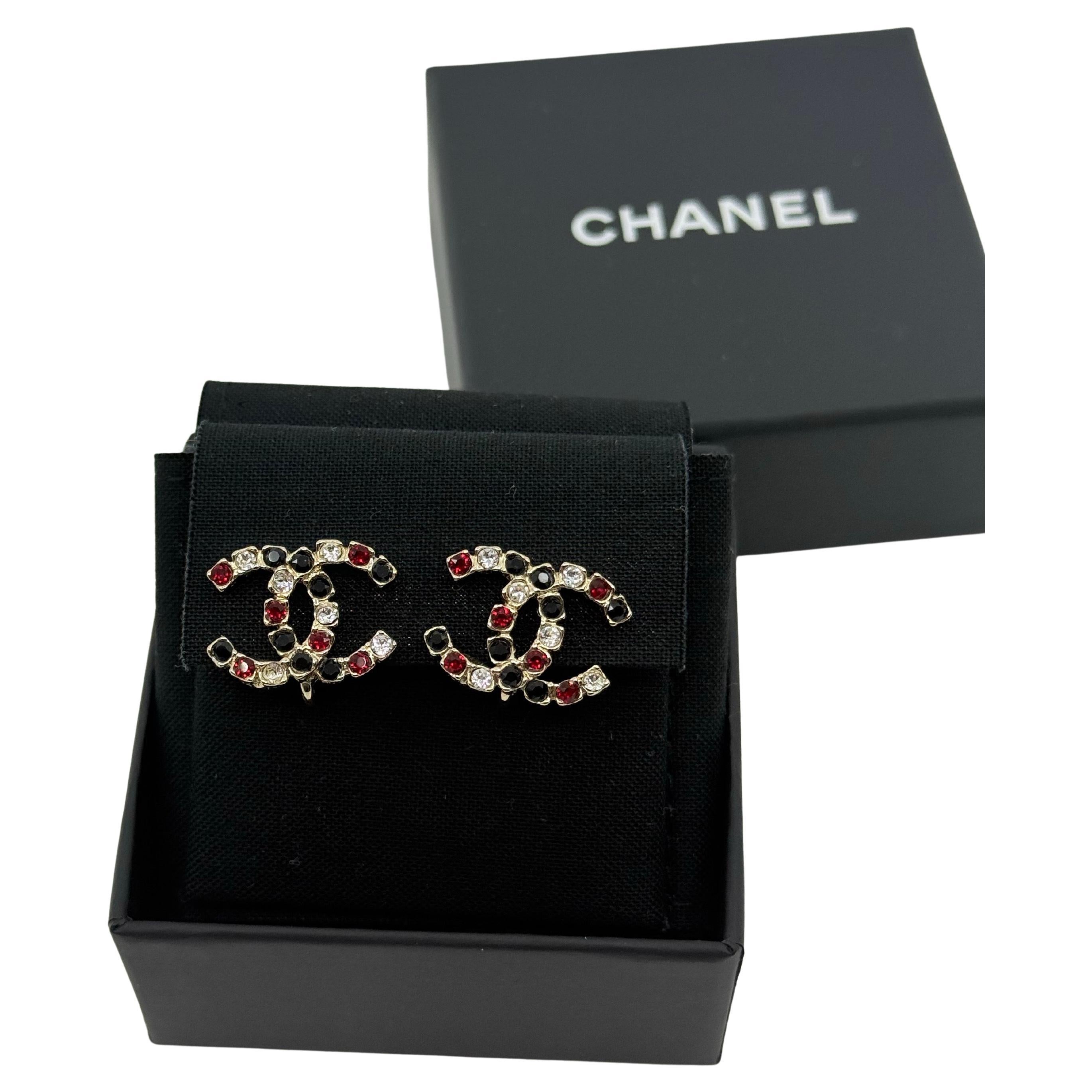 Chanel Statement Red, Black and Silver Crystal CC Clip On Earrings For Sale