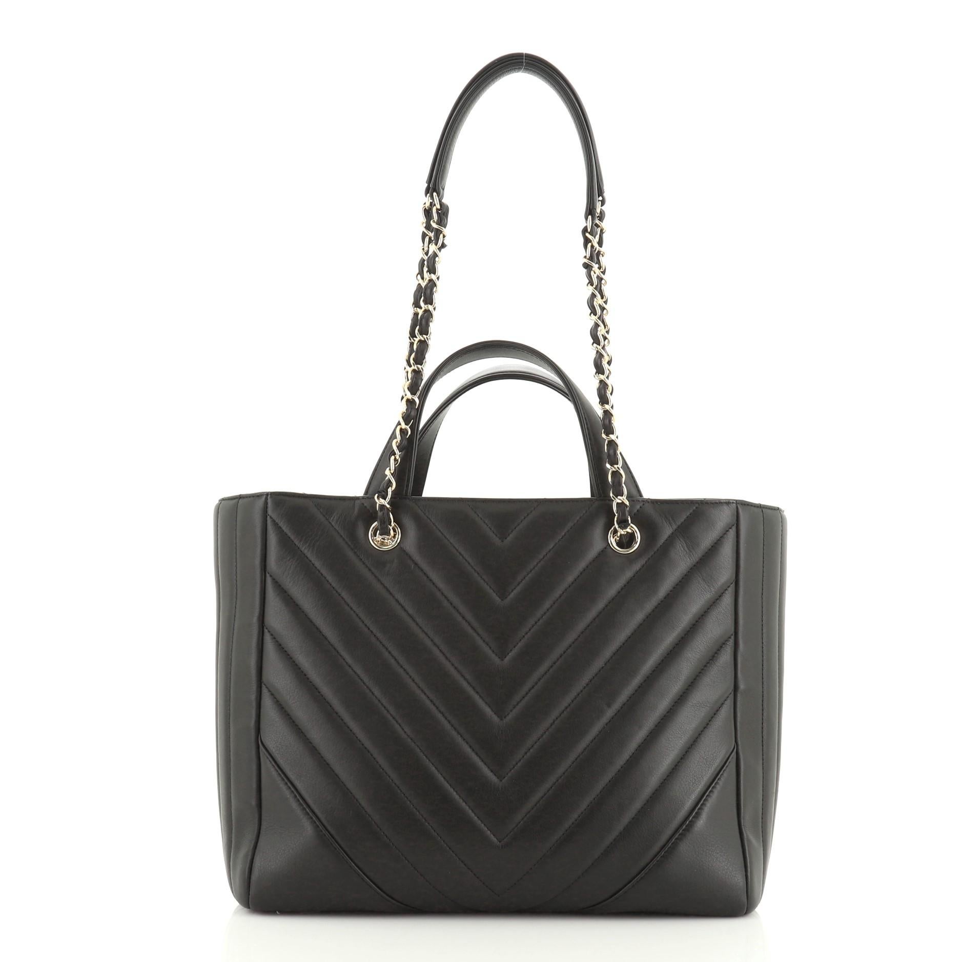 Black Chanel Statement Shopping Tote Chevron Calfskin Large