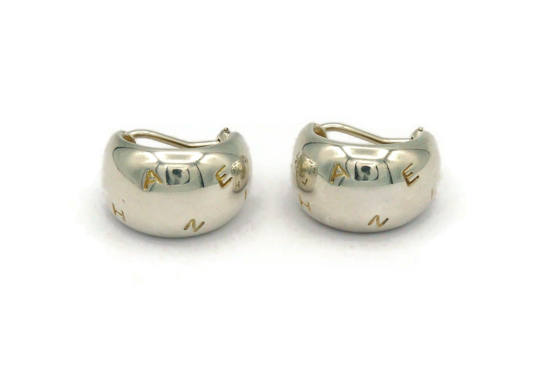 Women's CHANEL Sterling Silver Logo Engraved Half Hoop Earrings For Sale