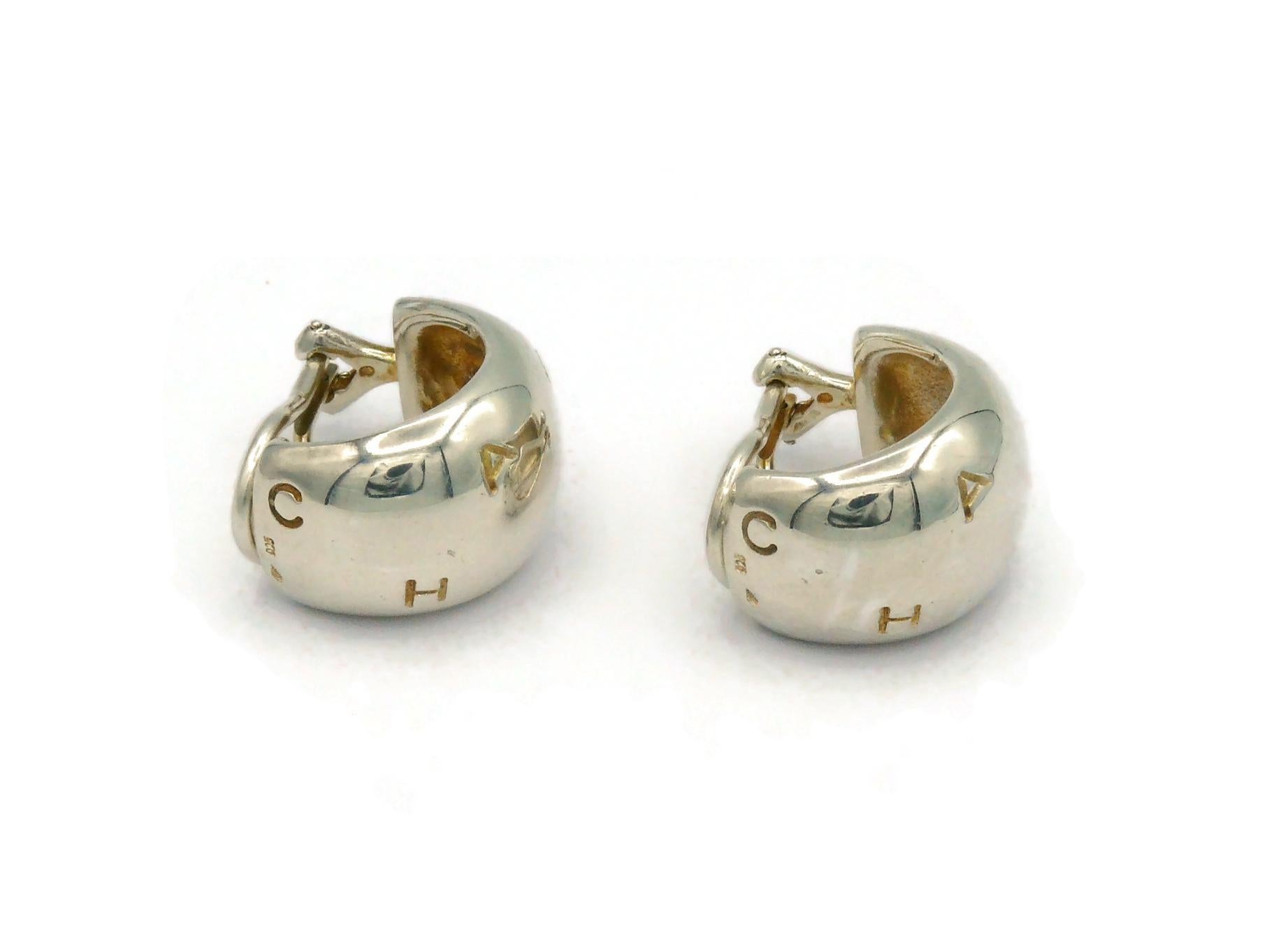 CHANEL Sterling Silver Logo Engraved Half Hoop Earrings For Sale 1