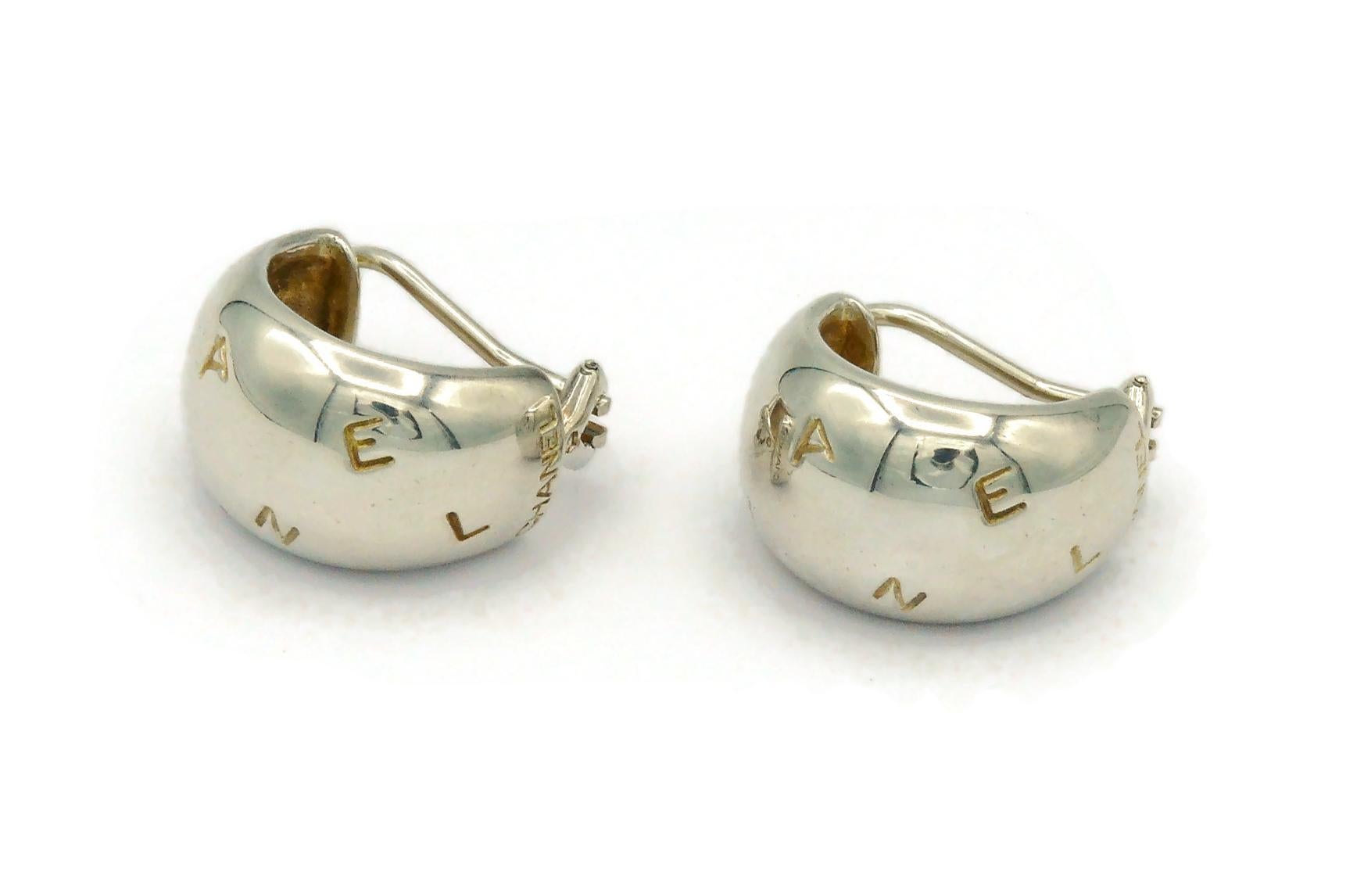 CHANEL Sterling Silver Logo Engraved Half Hoop Earrings For Sale 1