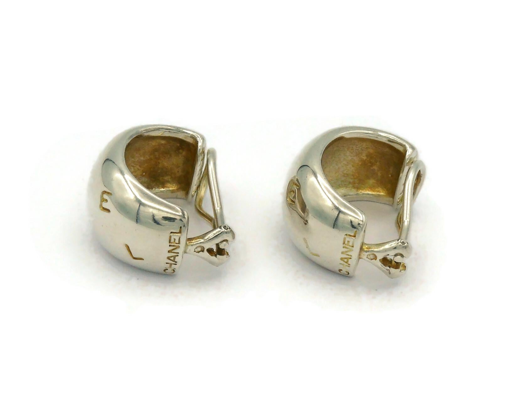 CHANEL Sterling Silver Logo Engraved Half Hoop Earrings For Sale 2