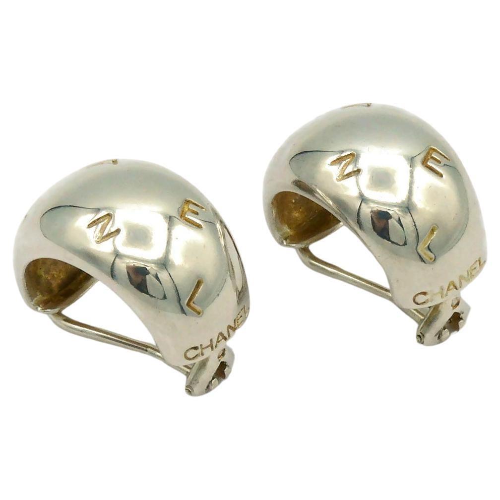 CHANEL Sterling Silver Logo Engraved Half Hoop Earrings For Sale
