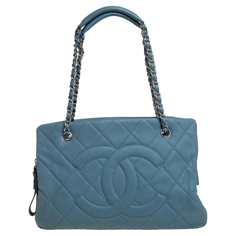 Chanel Stone Blue Quilted Caviar Leather Petite Timeless Tote at