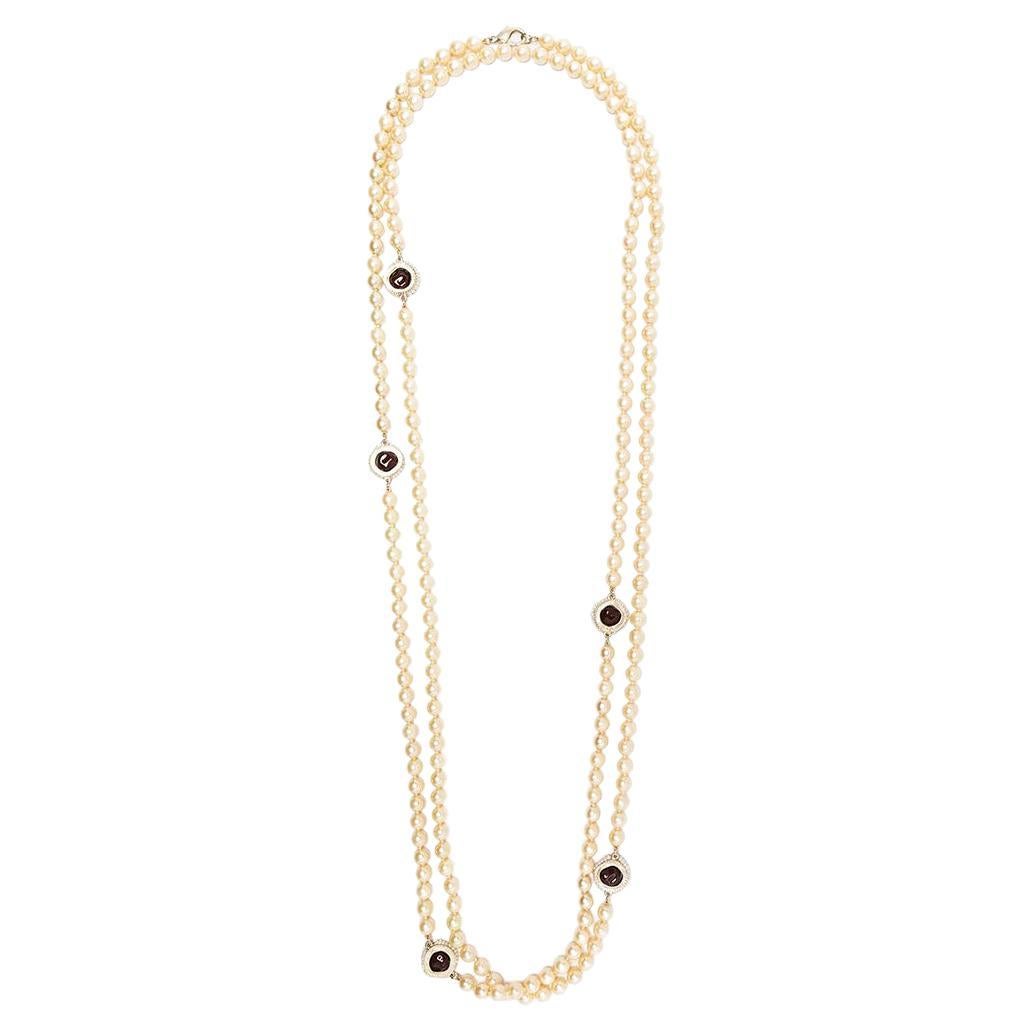 Chanel Cc Station Long Necklace Metal With Faux Pearls And Crystals