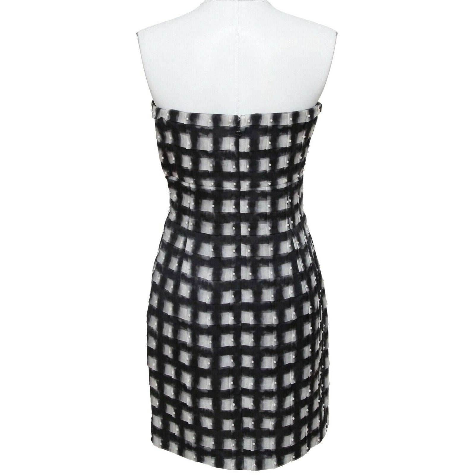CHANEL Strapless Dress Pearls Black Checkered White RUNWAY 2013 Sz 38 2