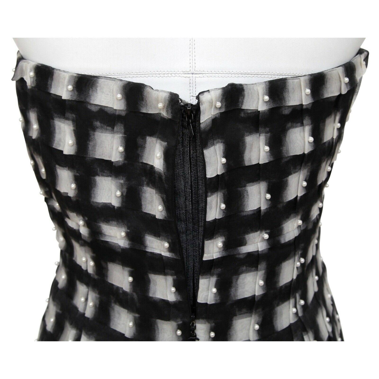 CHANEL Strapless Dress Pearls Black Checkered White RUNWAY 2013 Sz 38 3