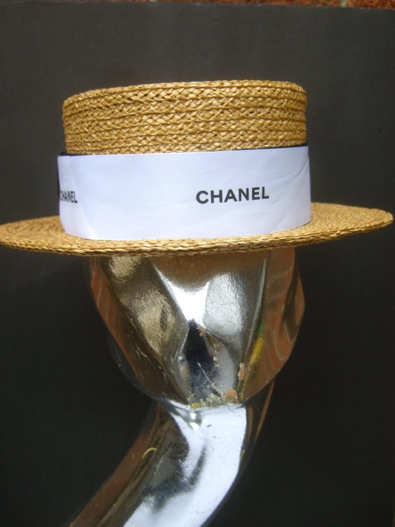 Cream and Black straw hat with chain and bow detail Chanel style Chanel Boater - Etsy main image 3