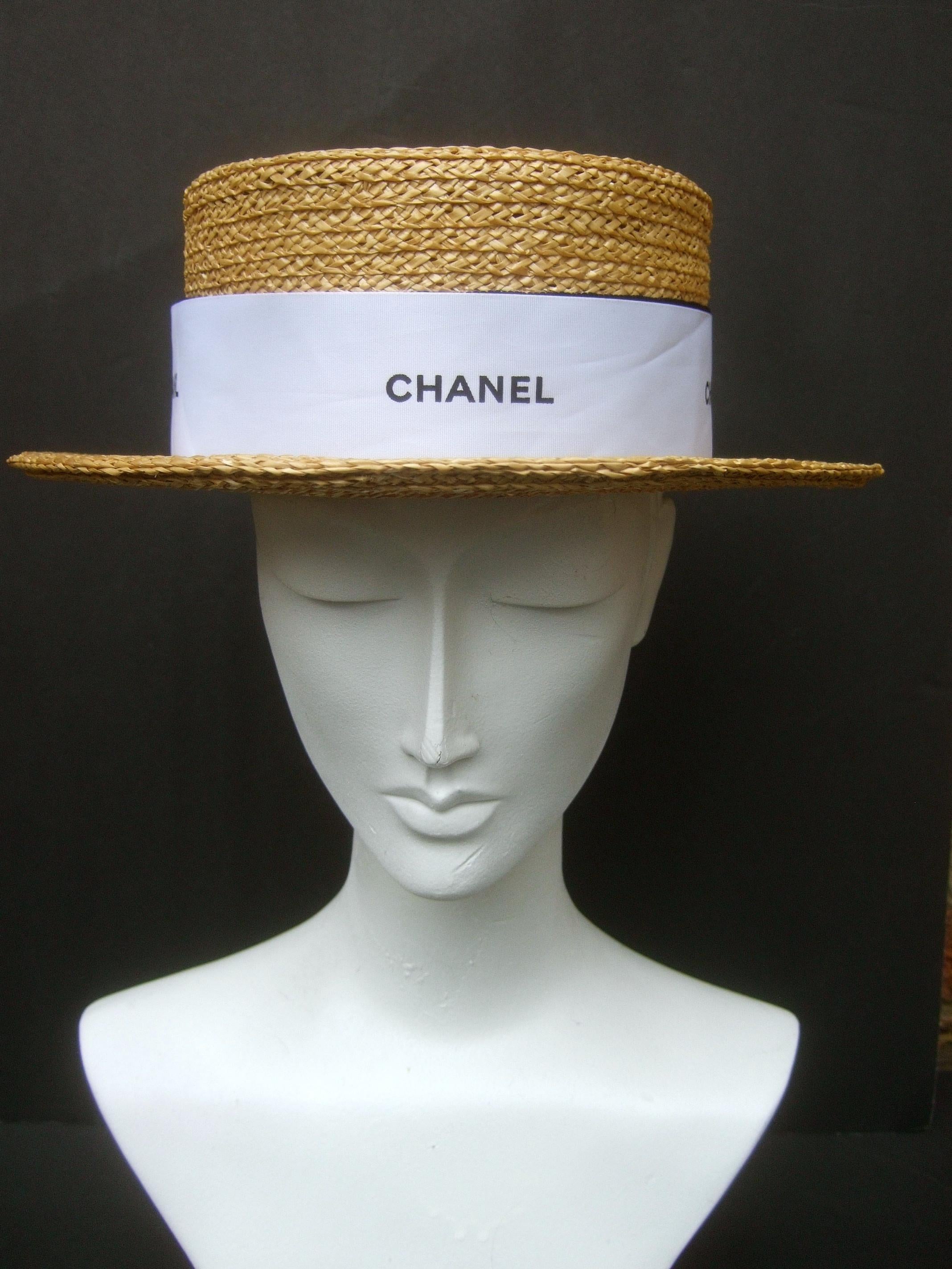 Beige Chanel Straw Raffia Ribbon Trim Hat c. 1990