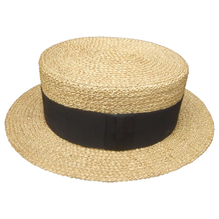 Vintage Hat White Raffia Black Net Veil Wide Black Grossgrain Ribbon 1950-1960