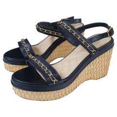CHANEL Straw Wedge Chain Sandals