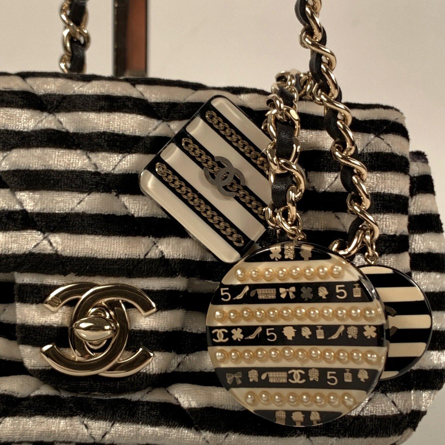 Women's Chanel Striped Black and White Velvet Mini Crossbody Bag with Charms