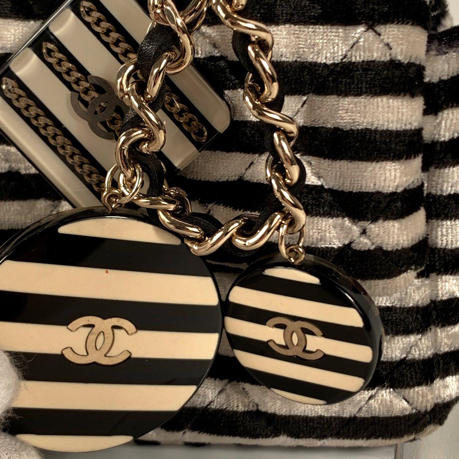 Chanel Striped Black and White Velvet Mini Crossbody Bag with Charms 3