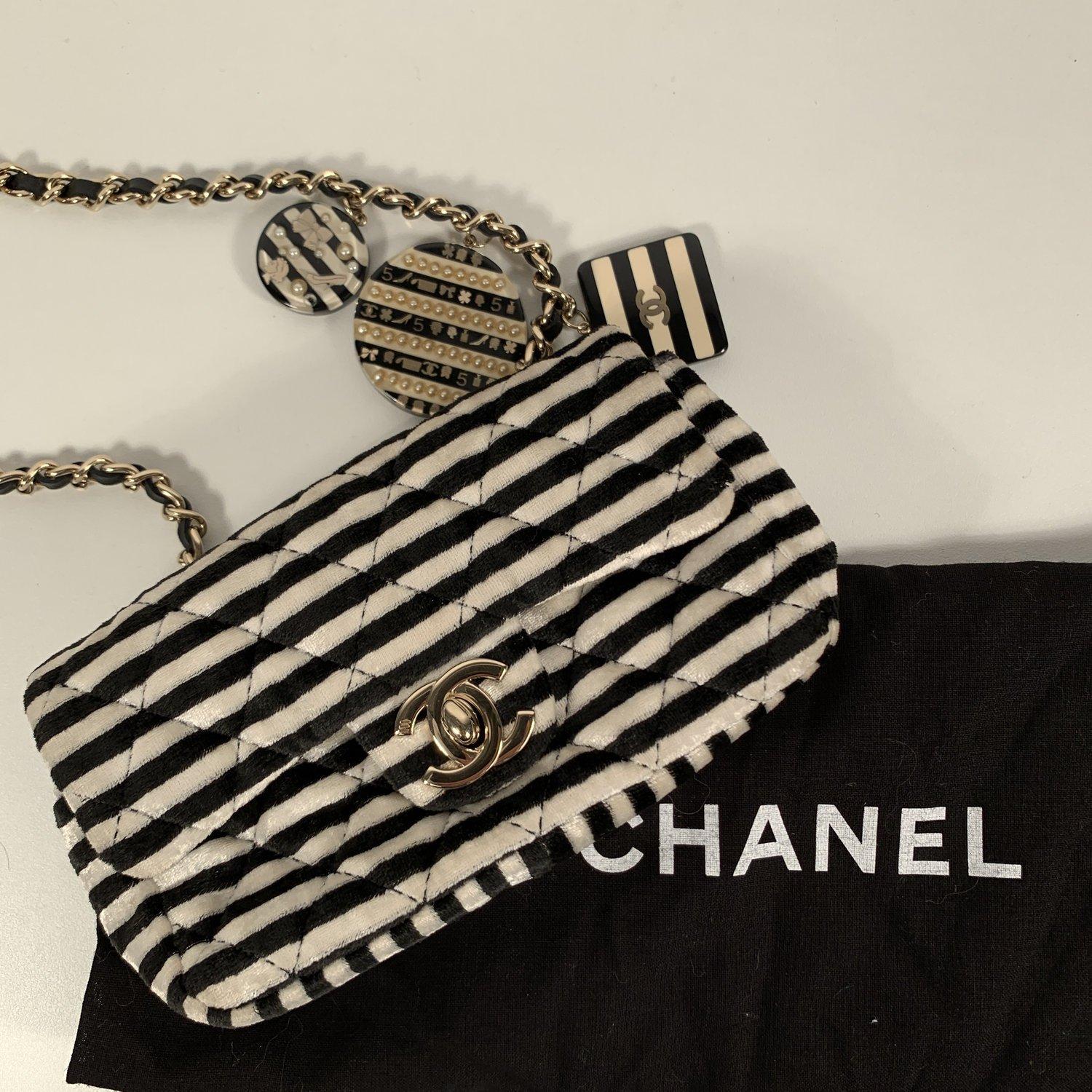 Chanel Striped Black and White Velvet Mini Crossbody Bag with Charms 4