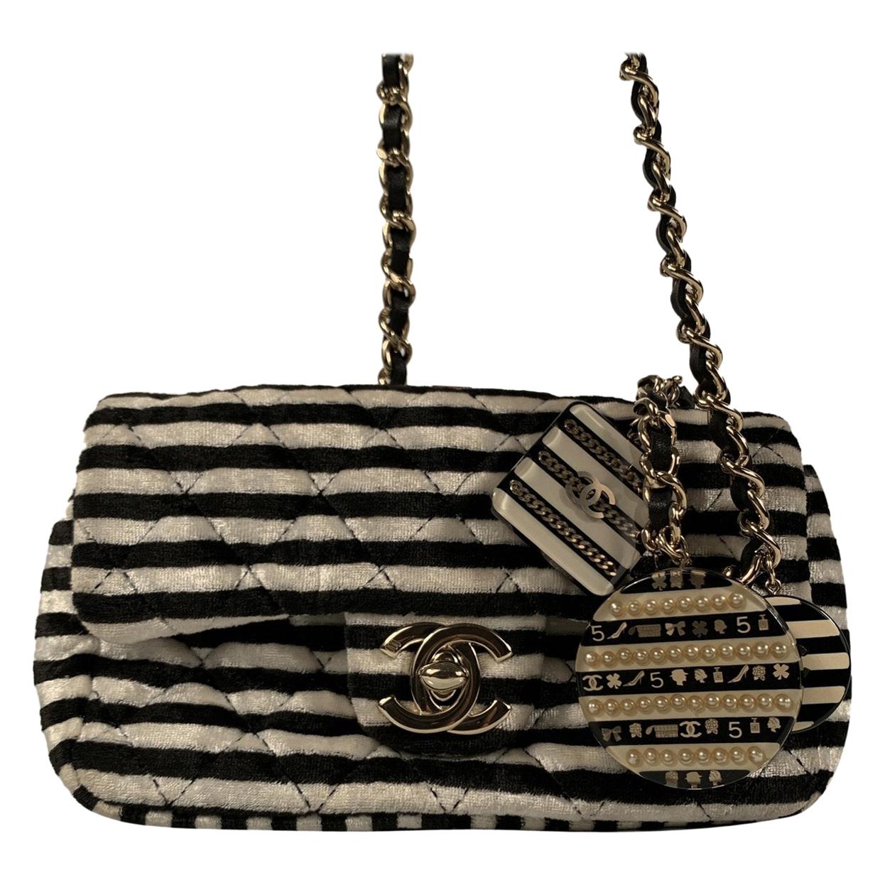 Chanel Striped Black and White Velvet Mini Crossbody Bag with Charms