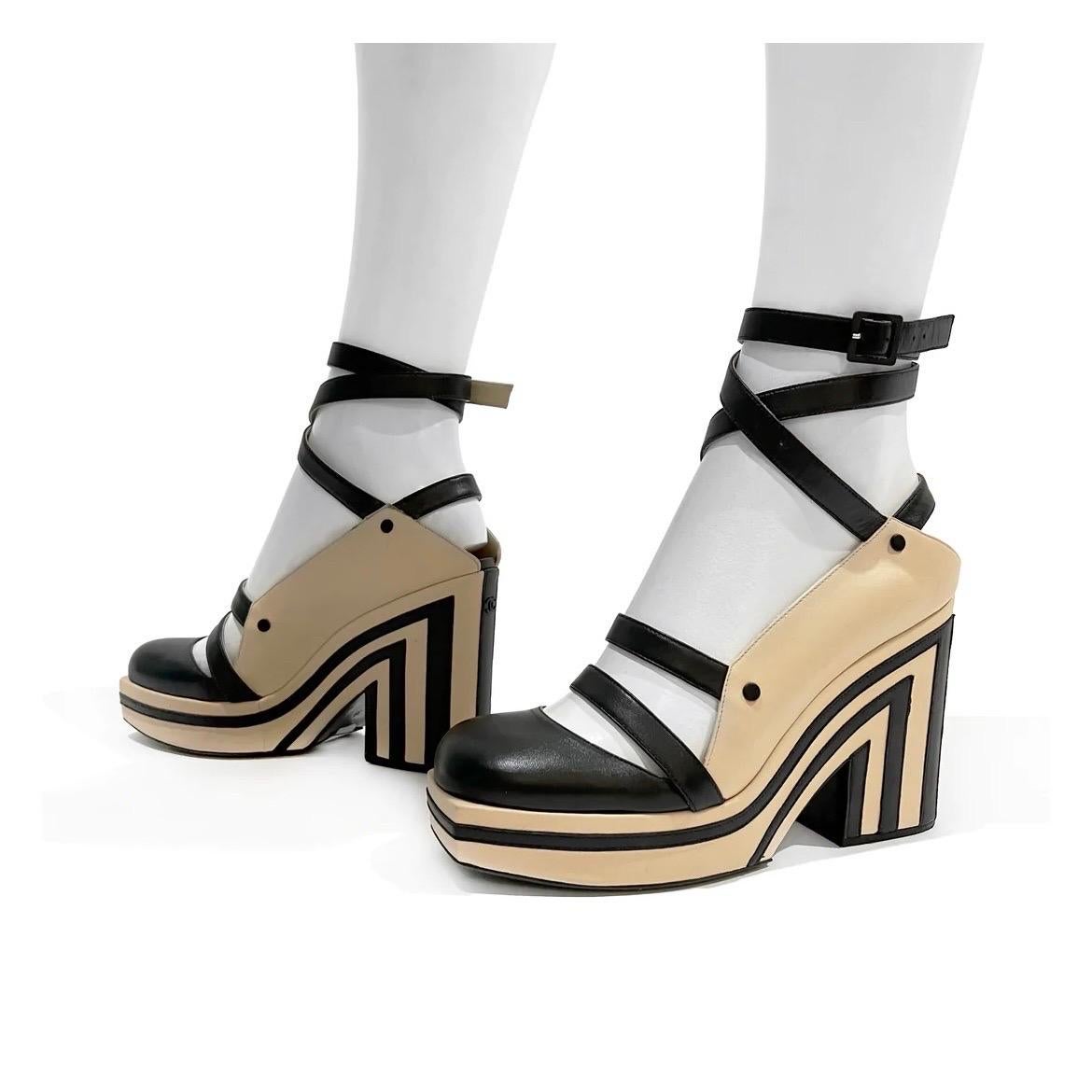 Leather Striped Block Platform Strap Heel by Chanel   
Spring 2013 Ready-To-Wear
Made in Italy
Black and tan stripes 
