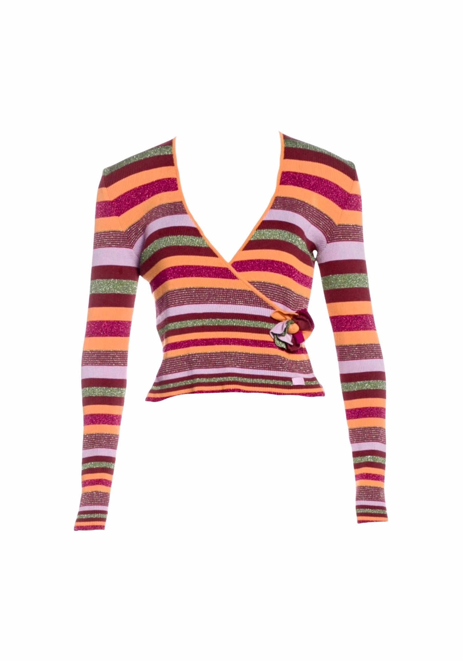 CHANEL Striped Cache-Coeur Pullover Top with Camellia Flower Detail 40 For  Sale at 1stDibs